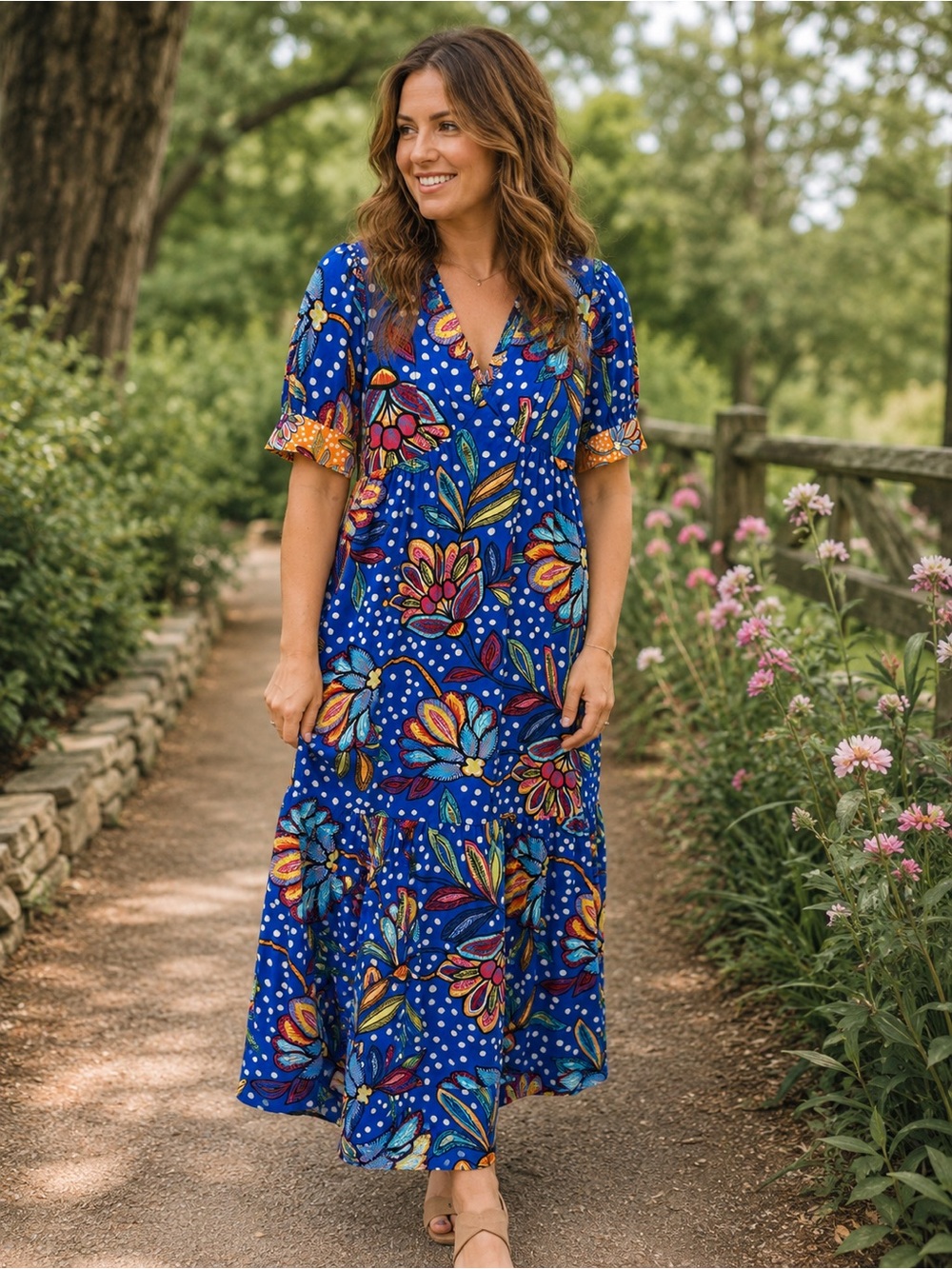 Bright Blue Floral V-Neck Maxi Dress with Short Ruffle Sleeves 100% cotton sz 6